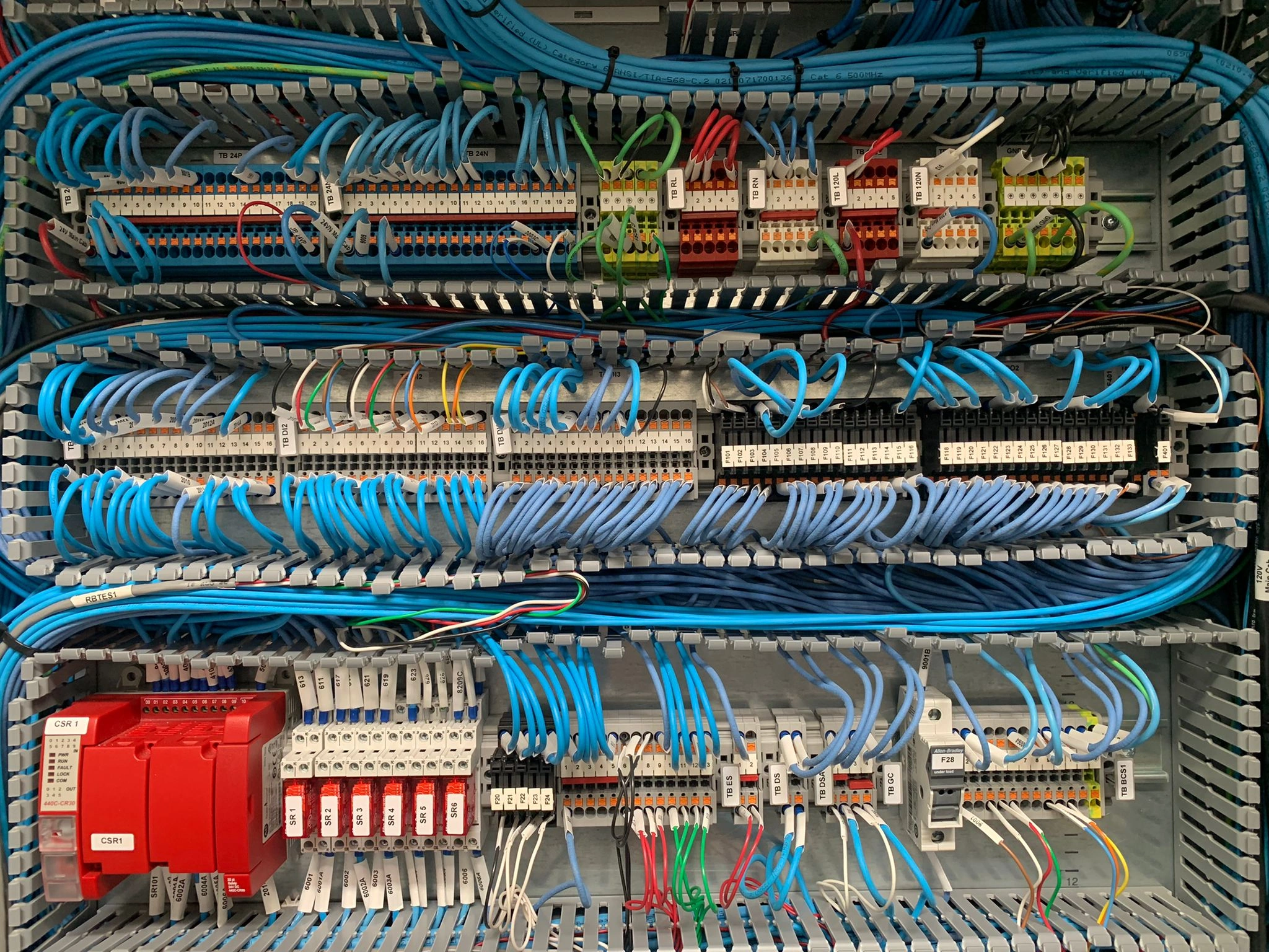 Organized digital I/O wiring inside an industrial control cabinet