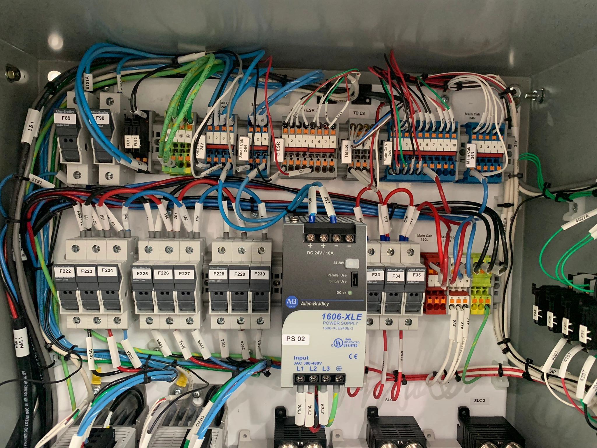 Fused power distribution components wired inside an industrial cabinet