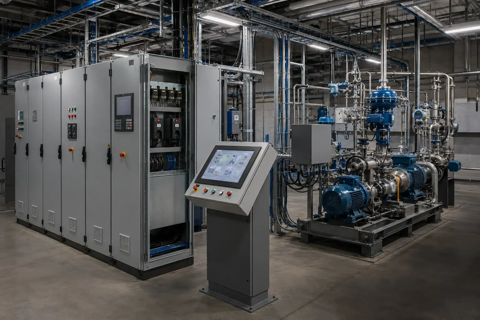 Integrated electrical control cabinets, operator HMI, pumps, valves, and process instrumentation