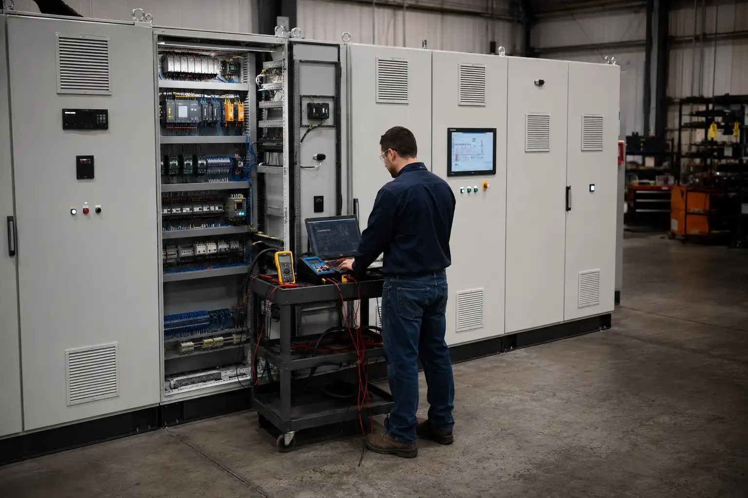 Engineer verifying a fabricated industrial control system before field commissioning