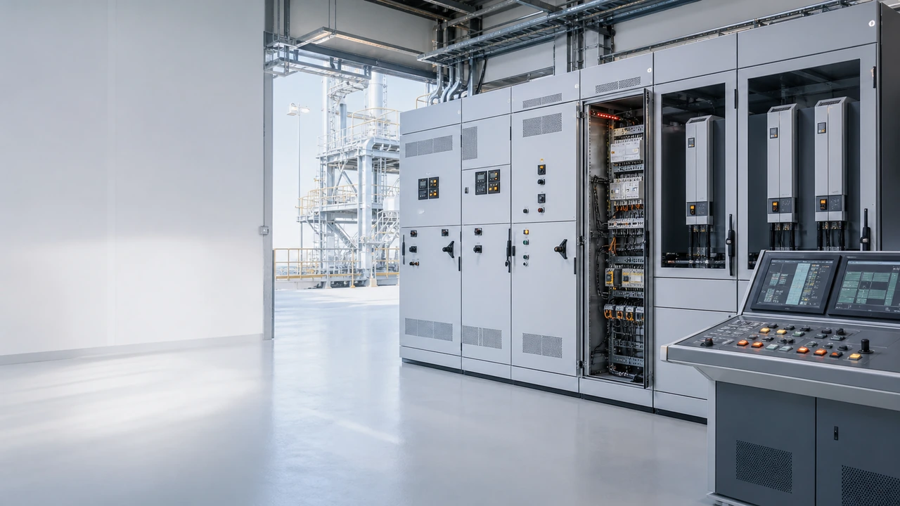 Modern industrial switchgear, variable-frequency drives, and an electrical control console