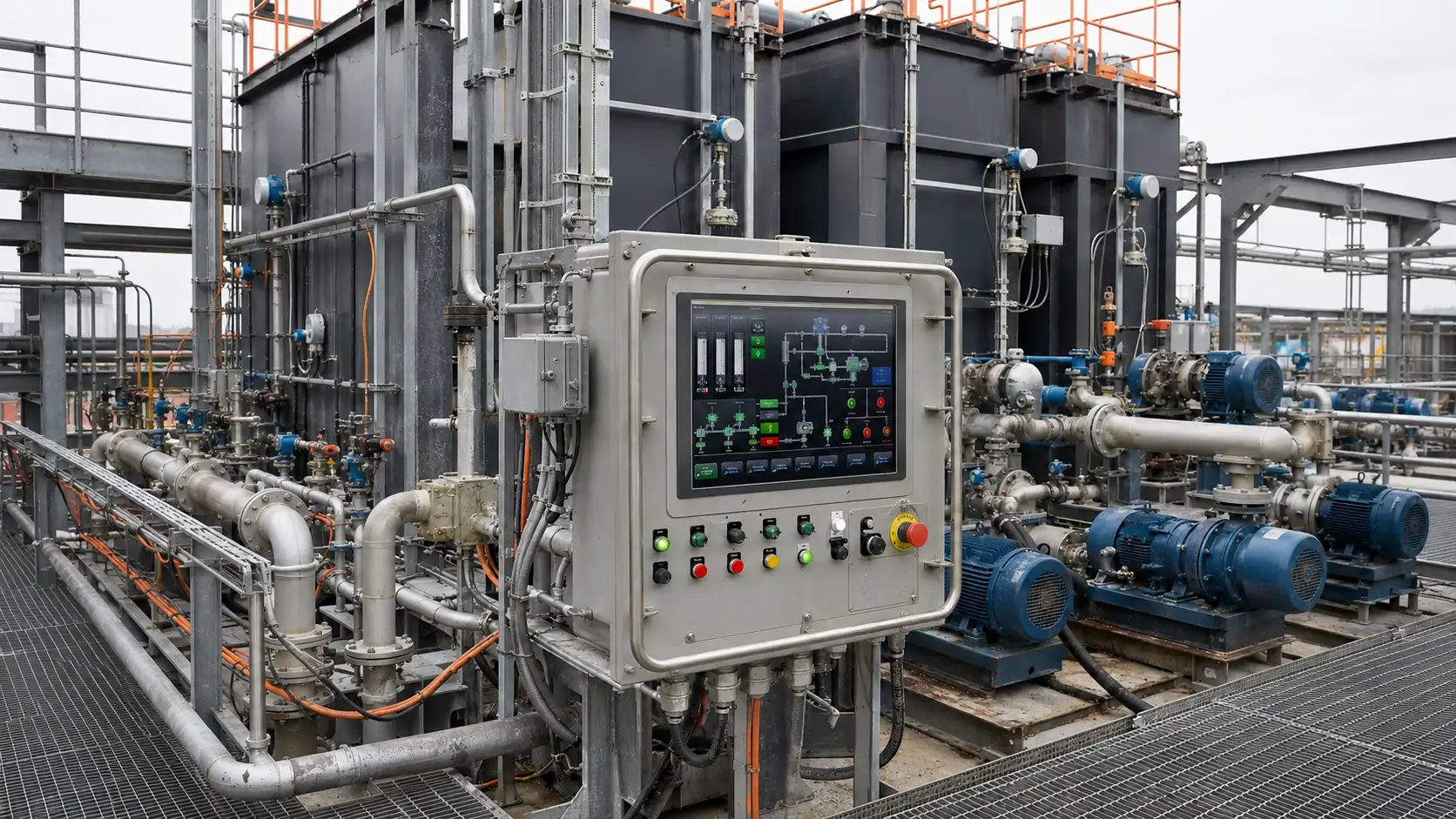 Industrial process control station with HMI, instrumentation, pumps, and motors