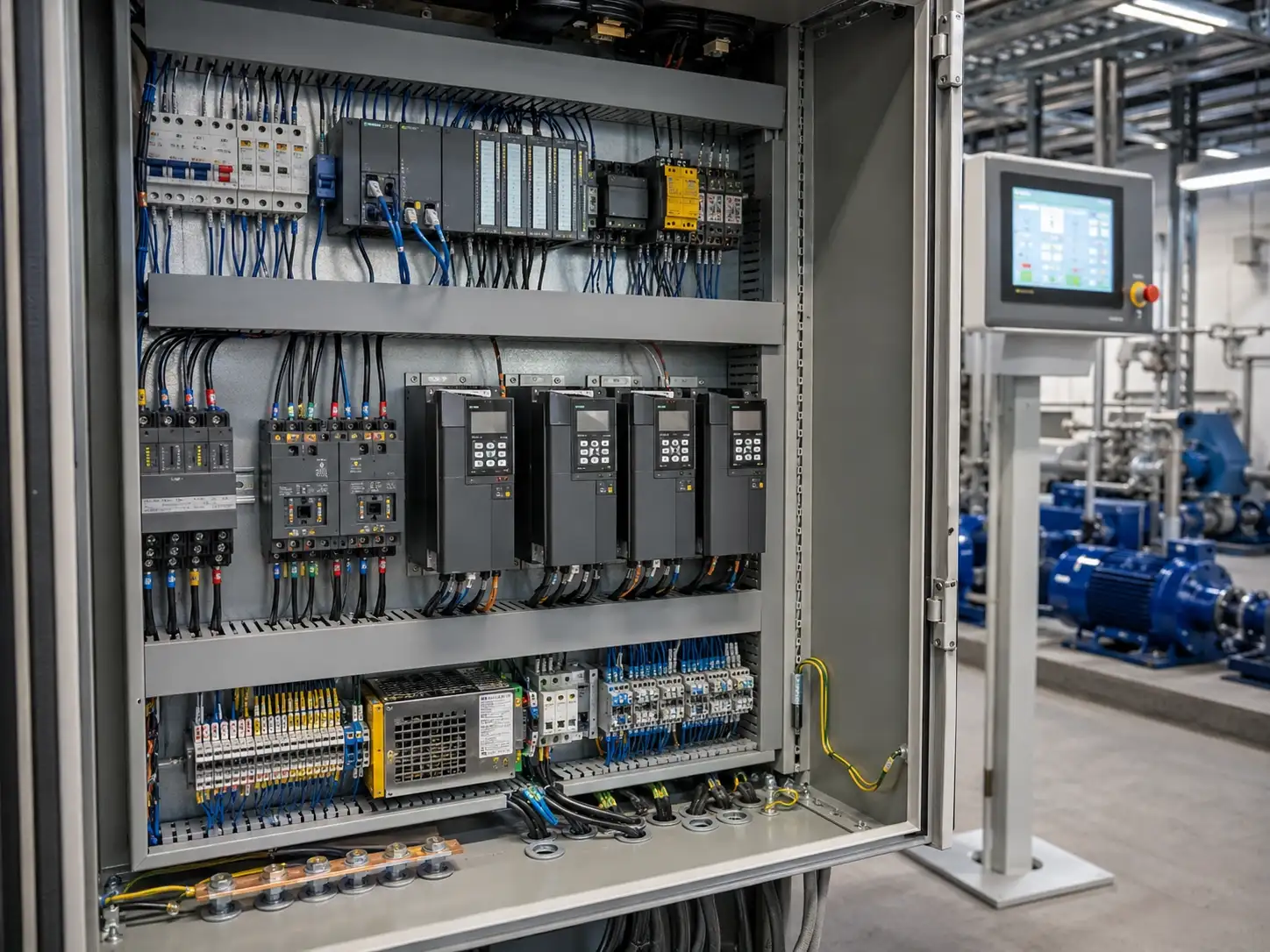 Industrial control cabinet with PLC, variable-frequency drives, protection devices, and organized field wiring