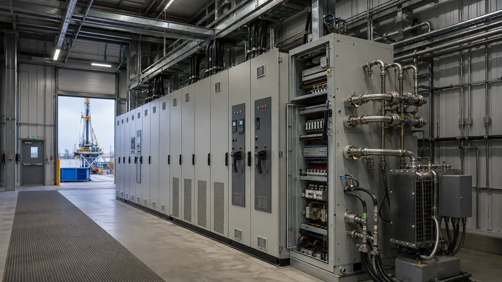 Industrial VFD drilling system with electrical cabinets, cooling equipment, and a drilling rig in the background
