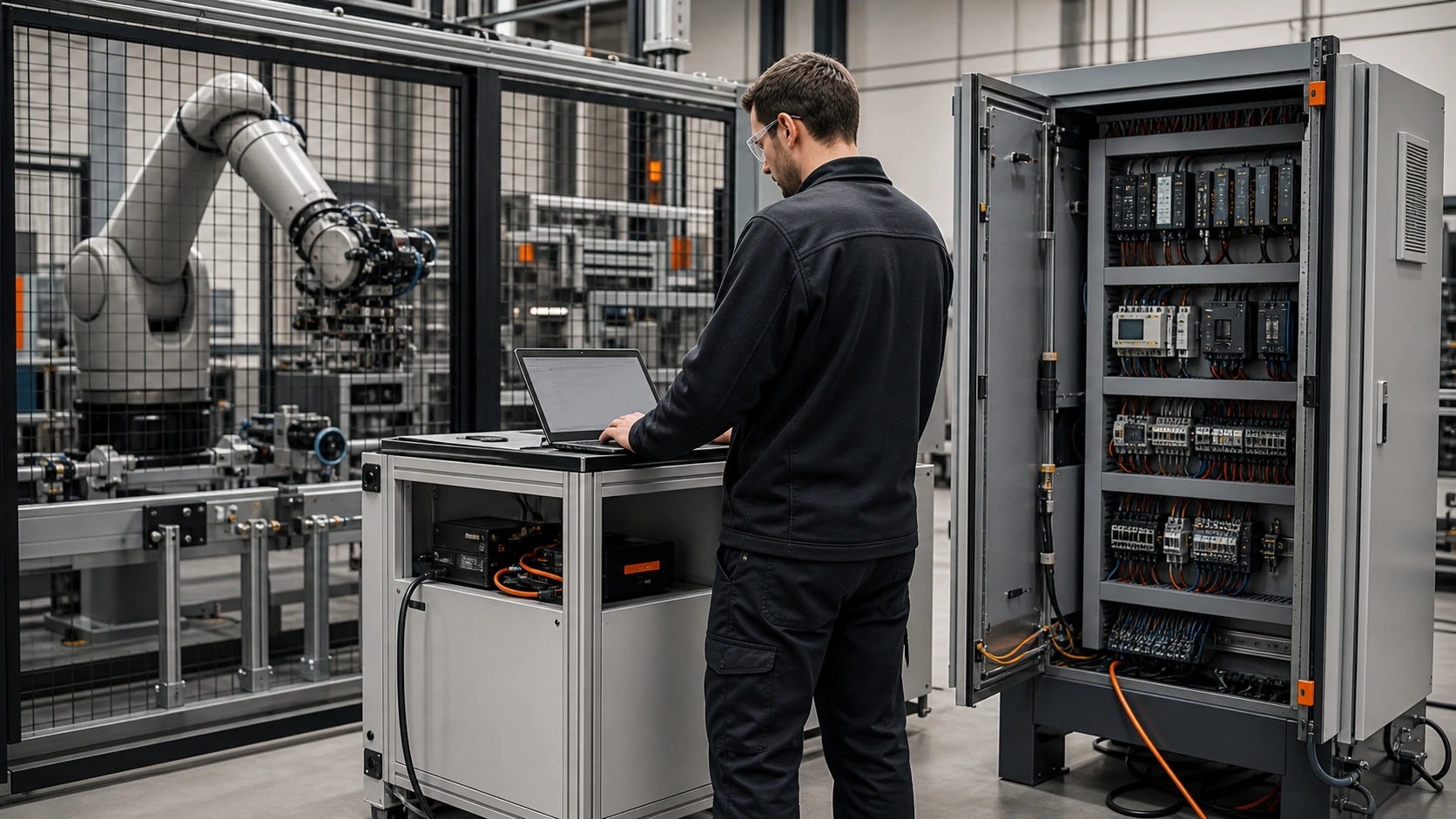 Concept visualization of an engineer commissioning a robot and industrial control cabinet